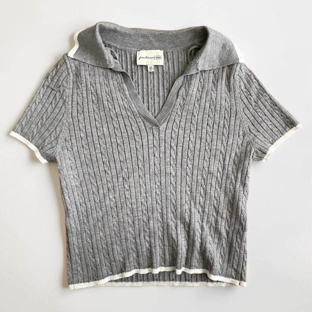 Freshman 1996 Women's M Gray Cable Knit Polo Top Short Sleeve Collared Sweater
